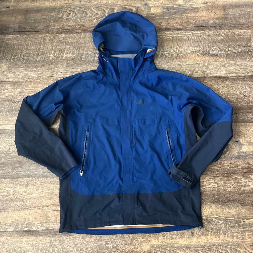 REI Elements E1 Rain Jacket XL Men's Hooded Zipper Blue *READ* Vents Waterproof